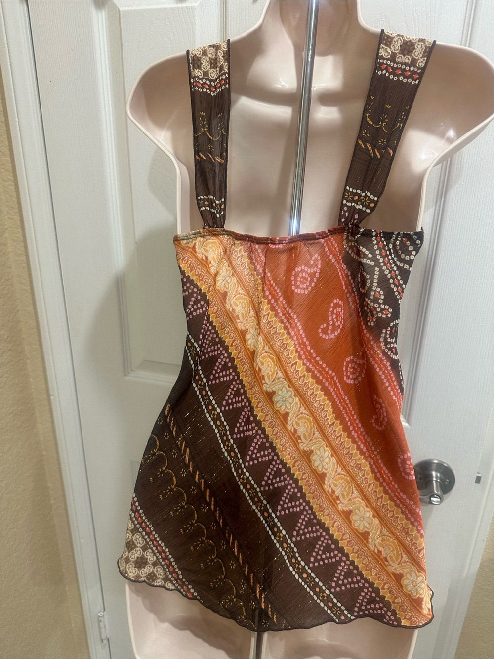 Boho Patchwork Halter Tank Top in Orange and Brown size small - Picture 4 of 4